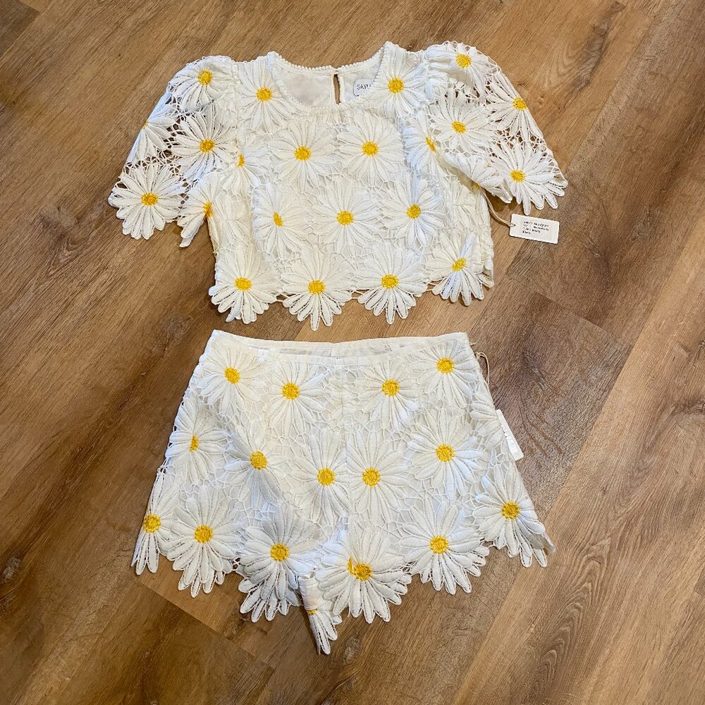 SAYLOR White Daisy Embroidered Two-Piece Top & Short Set with Yellow Centers